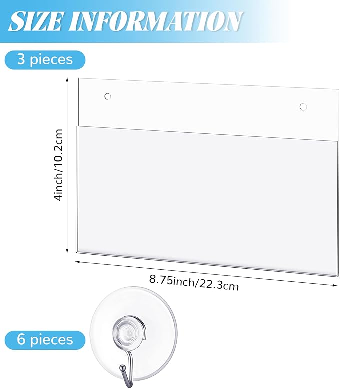 3 Pcs Acrylic Window Sign Holder Hanging Acrylic Sign Holder 8.78 x 4 Inch Office Door Signs Holder with Suction Cup Hooks for Glass Window Office School Home Store Restaurant