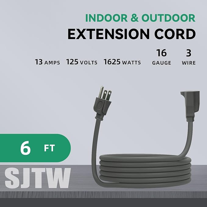 6 Ft Heavy Duty Indoor Outdoor Extension Cord - 16/3 SJTW Waterproof Power Cable with 3 Prong Grounded Plug, Grey - Durable, Weather Resistant, for Home, Garden, and Worksite Use.