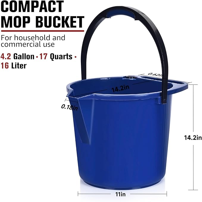 Matthew Cleaning 4.2 Gallon Mop Bucket, Heavy Duty Plastic Cleaning Bucket with Built-in Pour Spout, Mop Holder and Comfort Grip Handle, House and Commercial Cleaning Supplies, 2 Pack Blue