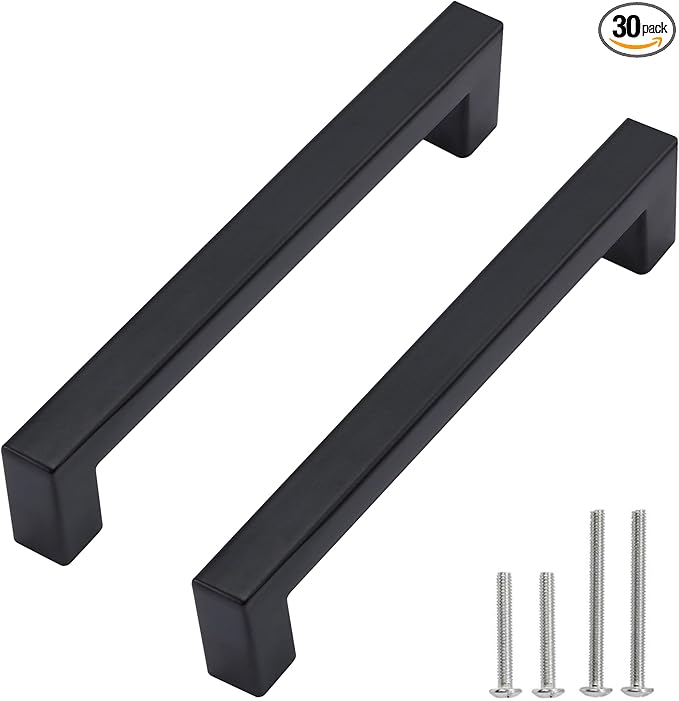 Cabinet Pulls Matte Black Cabinet Handles Square Drawer Pulls, 30 Pack 5 Inch Stainless Steel Kitchen Door Cupboard Cabinet Handles, Black Drawer Hardware Handles, 128mm Hole Centers