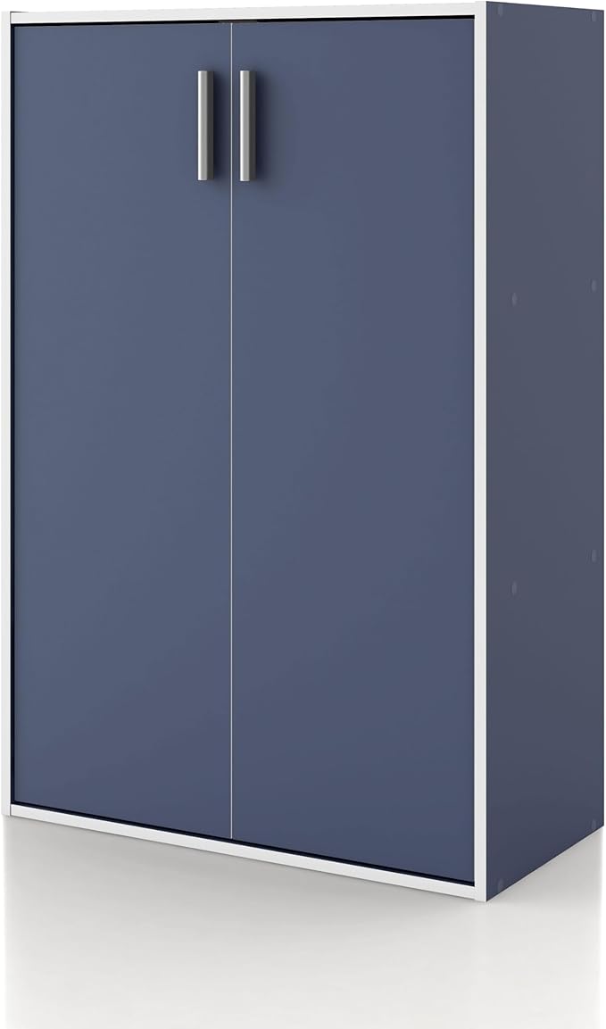 Homes: Inside + Out Apexa 3-Tier Stackable Wood Bookcase with Doors, Cube Storage Organizer Shelves, Small Food Pantry Cabinet, Dorm Teen Room Decor & Bedroom, Home Office, Kitchen, Steel Blue