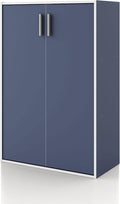 Homes: Inside + Out Apexa 3-Tier Stackable Wood Bookcase with Doors, Cube Storage Organizer Shelves, Small Food Pantry Cabinet, Dorm Teen Room Decor & Bedroom, Home Office, Kitchen, Steel Blue