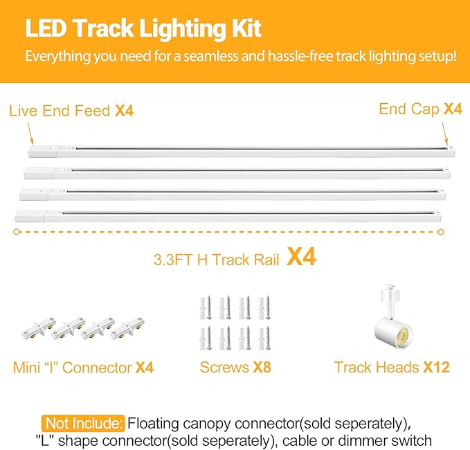 VANoopee 5-Color 12-Light LED Track Lighting Kit with 13FT H Type Track Lighting Rail LED Track Light Heads Dimmable Modern Kitchen Track Lighting Fixtures Ceiling Spotlight, CRI90+ 10W 800lm White