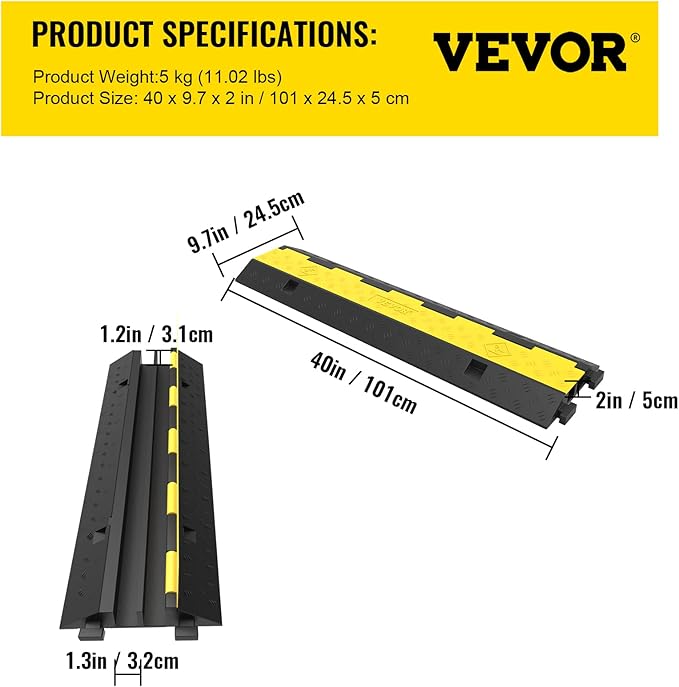 VEVOR 3 PCs Rubber Cable Protector Ramp, 2 Channel, 11000 lbs/axle Capacity Heavy Duty Hose Wire Cover Ramp Driveway, Traffic Speed Bump w/Flip-Open Top Cover, for Indoor&Outdoor