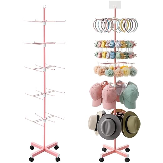 Ripeng 1 Pcs 5‑Tier Retail Display Stand – Rotating Display Rack with Wheels for Jewelry Keychains Socks Hats – Adjustable Movable Shop Spinner for Craft Shows Vendor Events & Stores Accessories, Pink