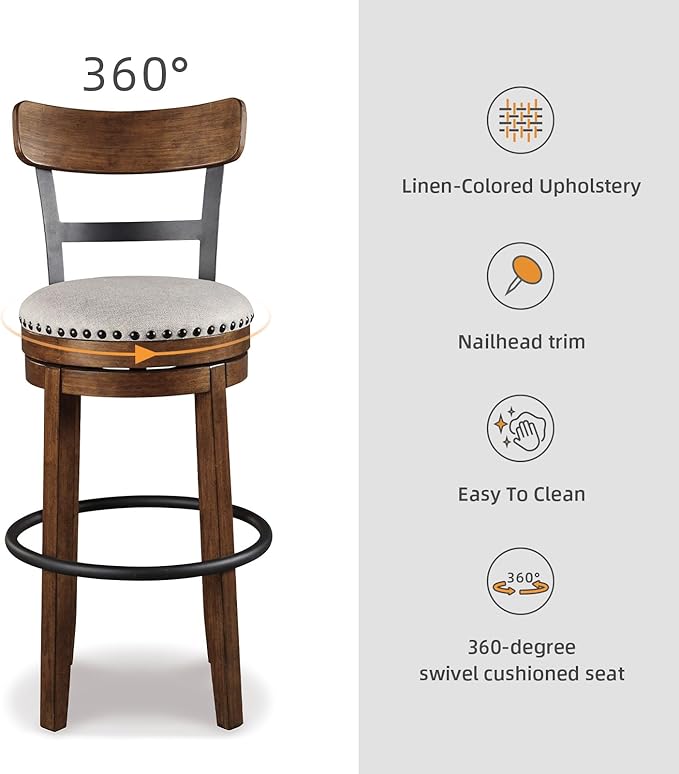 Signature Design by Ashley Valebeck | 30″ Farmhouse Pub-Height Swivel Barstool With Back – Upholstered Cushion, Nailhead Trim, Metal & Wood Frame, Brown