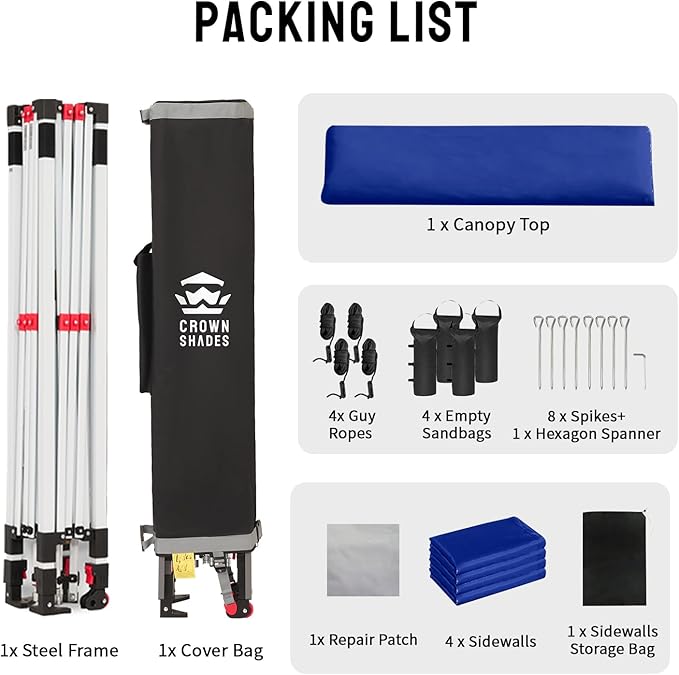 CROWN SHADES 10X10 Comercial Instant Canopy Pop Up Tent with Center Lock, 300D Fabric, 4 Sidewalls, Sto'N Go Bag, Navy Blue