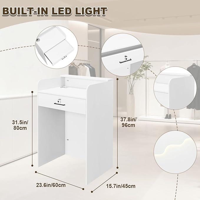 Small Reception Desk with Counter LED Light, Modern Front Desk with Lockable Drawer, White Retail Checkout Counter for Clothing Store Lobby Beauty Salon (White, 37.8x23.6x15.7in)