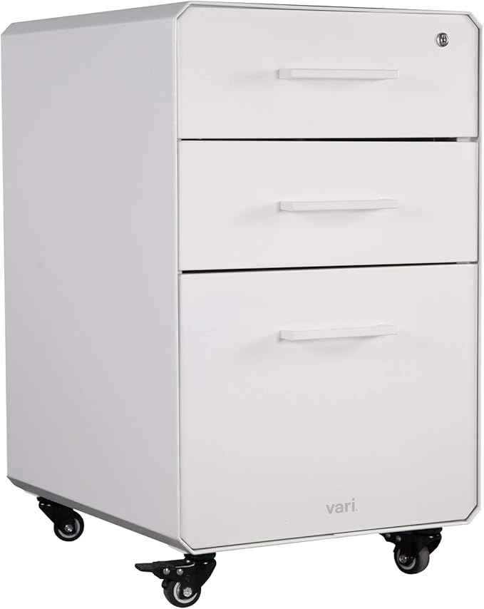 Vari File Cabinet for Office Storage with Three Drawers - Roll & Lock Caster Wheels (White)