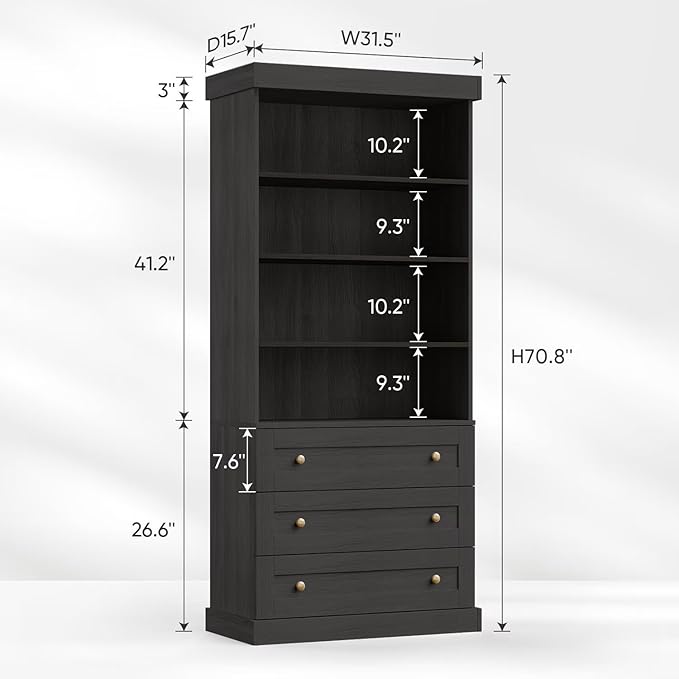 Vyre 71" Tall Farmhouse Bookshelves with Drawers, Set of 3 – Large Modular Bookcase with Adjustable Shelves, Storage Cabinet for Living Room, Kitchen, Home Office, Black