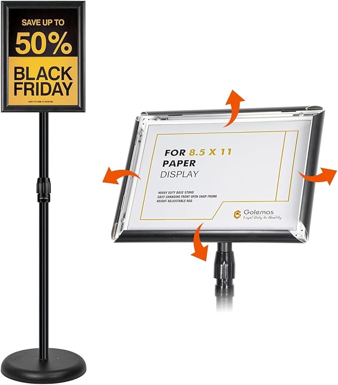 Adjustable Sign Stand for Display, Pedestal Floor Signage Stand Holder with Heavy Duty Base, for Outdoor or Indoor Advertising (8.5 x 11, Black)