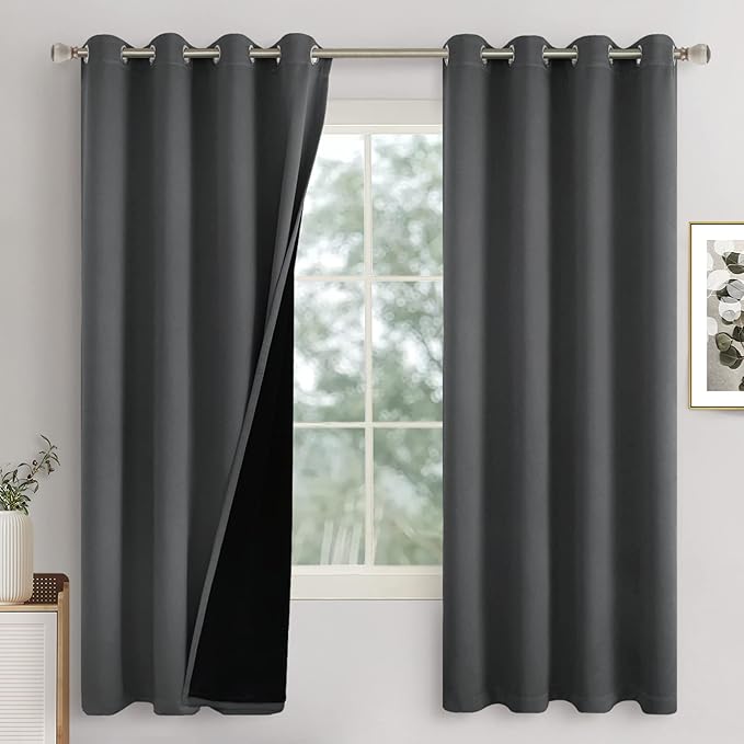 Dark Grey Blackout Curtains for Bedroom 72 Inch Length 2 Panels, Thermal Insulated 100% Room Darkening Soundproof Curtains for Living Room/Office, Each Window Curtain 52 Inch Wide