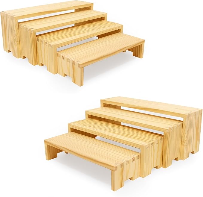 Large Display Wood Risers Wooden Stand 4 Tier Wood Racks, 2 Set 8 Pieces Cupcake Stands Cologne Perfume Organizer Dessert Stands for Vendors Event