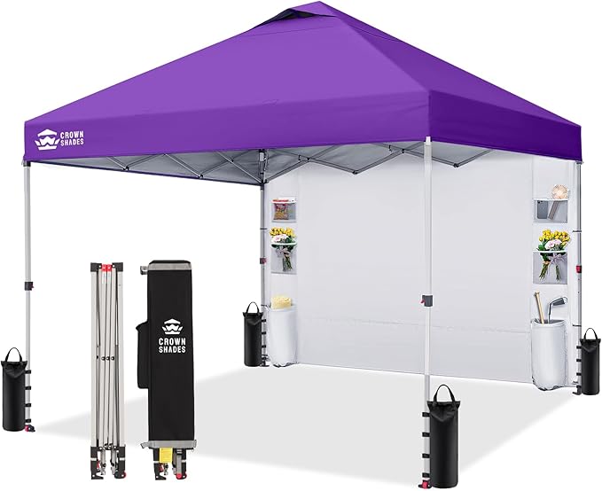 CROWN SHADES Canopy Tent 10x10 Pop Up Canopy Outdoor Shade with Pockets Sidewall, Easy Up Sun Shelter with One Person Set Up Center Lock, Portable Instant Camping Beach Canopy Tents, Purple