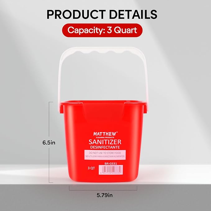Matthew Detergent And Sanitizing Cleaning Bucket 3 Quart Plastic Pail,Set of 6 Square Containers,Built-In Spout w/Handle,Wash Rinse Sanitize Handwash Bucket for Home Office Commercial Restaurant (Red)