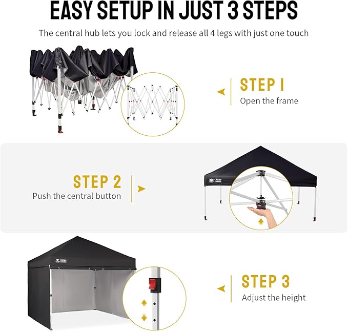 CROWN SHADES 10X10 Comercial Instant Canopy Pop Up Tent with Center Lock, 300D Fabric, 4 Sidewalls, Sto'N Go Bag, Black