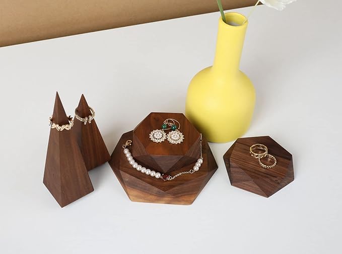 GemeShou 2pcs Wooden Jewelry display tray, Hexagon jewelry display riser, Jewelry retail shop photography props【Walnut Hexagon tray-2pcs】