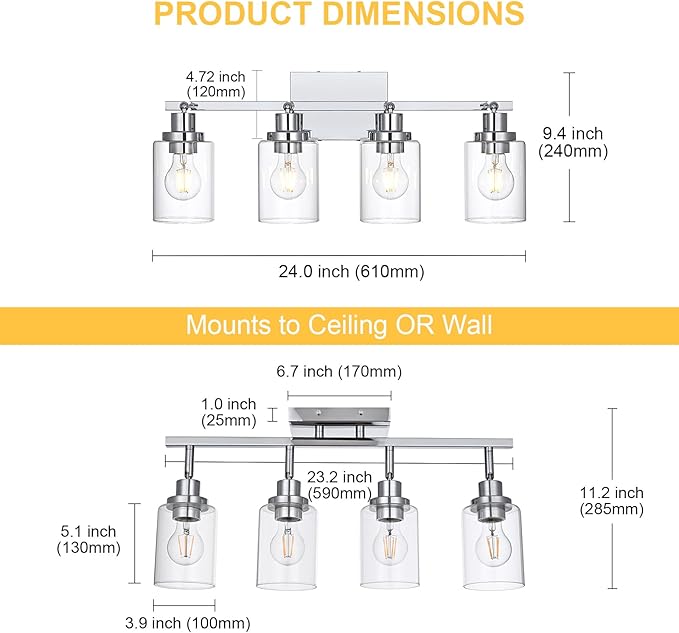 4-Light Track Lighting Kit Ceiling Kitchen Track Lighting Fixtures Chrome Bathroom Vanity Wall Lights with Clear Glass Multi-Directional Rotating Tracking Light Heads Spotlight for Accent Shop