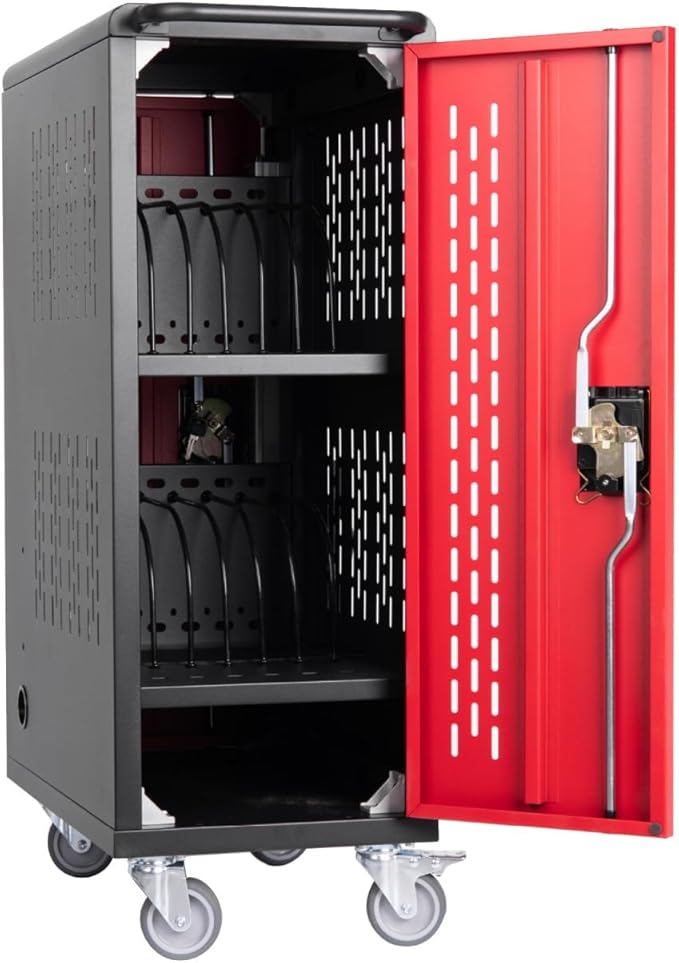 16 Bay Mobile School Charging Cart Station, Black Cart for Chromebook/Tablet/Laptop, with Power Strip, Lockable Doors, 2 Locking Casters & Ventilated Panels, 20" W×12.23" D×34.06" H