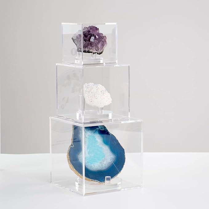 Clear Acrylic Geodes Rocks 3 Pegs Display Easel Stands Support Holder Box, Acrylic Display Case Box for Agate Slices Crystals Minerals Slab Fossil Coral Small Collectibles (Small-3x3x3in, 1Pcs)