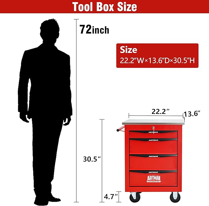 4 Drawers Tool Cart on Wheels with Stainless Steel Worktop, Heavy Duty Mobile Rolling Drawer Tool Chest with Locking Wheels & Lockable Drawers, Garage Tool Storage Cabinet (Red, 4 Drawers)