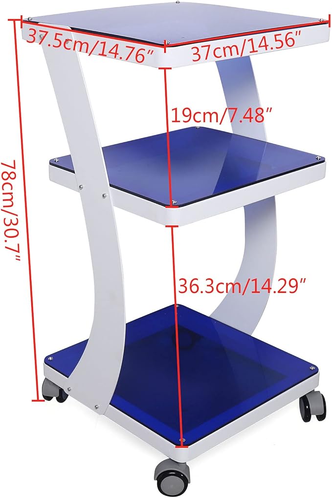 3 Tier Steel Rolling Utility Cart Storage Organizer Carts,3-Shelf Glass and Steel Den-tal Equipment Mobile Trolley Service Cart with Wheels,Load 66LBS