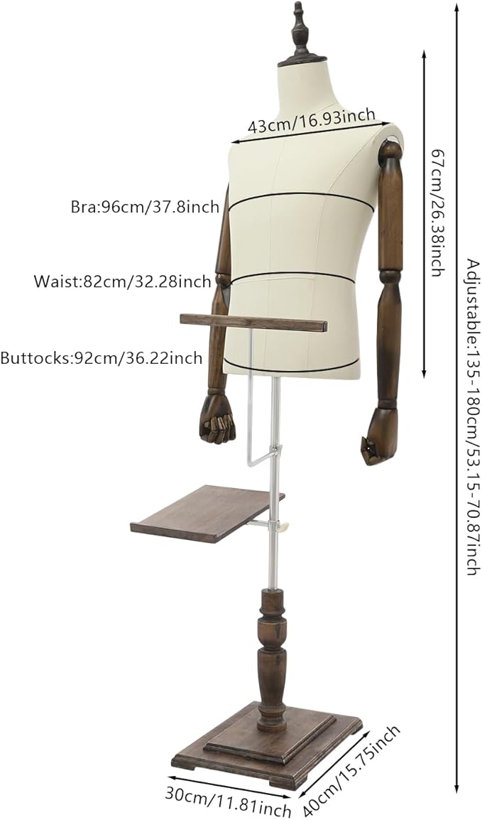 Male Clothing Display Racks, Height Adjustable Clothing Store Clothing Props with Stand and Solid Wood Arm, Male Mannequin Torso for Market Shop Window Display (Beige)