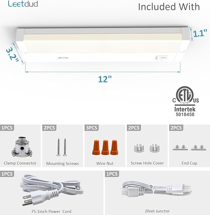 LED Under Cabinet Lighting Hardwired or Plug in, 12 Inch 6W, Dimmable 5 Color 2700K/3000K/3500K/4000K/5000K, Linkable Eyes Care Design Counter Lights for Kitchen, Sink, ETL Listed, White