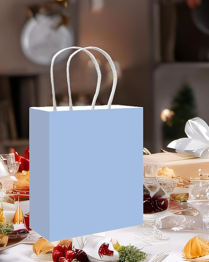 qiqee 100PCS Gift Bag with Handles Bulk Light Blue Paper Bags Assorted Sizes(33pcs Large 13",33pcs Medium 11",34pcs Small 8")
