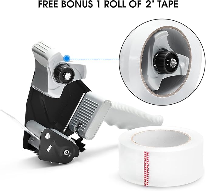 Packing Tape Dispenser Gun, Pacific Mailer 2 Inch Tape Gun Dispenser with 2 Inch Carton Packing Tape, Lightweight Industrial Side Loading Tape Dispenser - Black