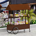 Portable Food Cart with Striped Canopy, Mobile Vendor Display Stand with Lockable Wheels, Iron Outdoor Cart for Market, Street Food or Events(Brown,55.1in)