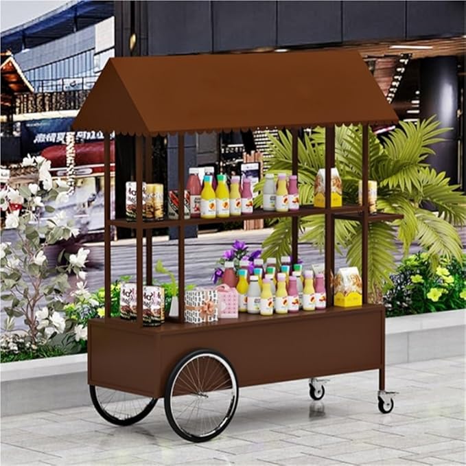 Portable Food Cart with Striped Canopy, Mobile Vendor Display Stand with Lockable Wheels, Iron Outdoor Cart for Market, Street Food or Events(Brown,55.1in)