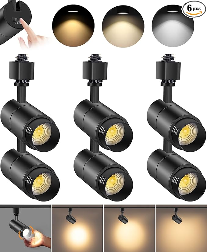 VANoopee 3-Color Zoomable 10W LED Track Lighting Heads H Type Track Light Heads Dimmable Bright Ceiling Spotlight Fixtures Accent Art, 3000K 4000K 5000K Adjustable, CRI90+ 15°-60° 1000lm Black 6 Pack