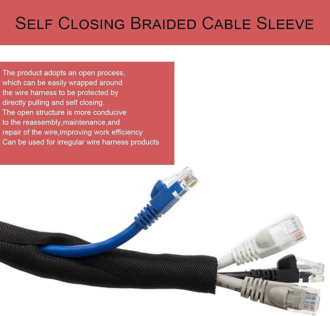 Braided Split Wire Loom Black Wire Cover Protective Harness Tubing Cable Management Self Wrap Cord Sleeve Mesh Woven 1"-24ft