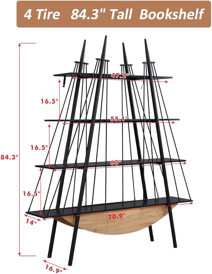 Boat-Shaped Bookshelf, 4 Tier Ladder Bookcase with Drawer 84.3" Tall Bookshelves for Storage Display Decor Easy Assembly Bookcase Furniture for Bedroom, Living Room and Home Office