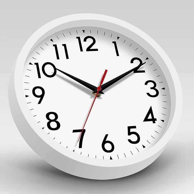 Wall Clock Small Analog 8 Inch Silent Non Ticking Battery Operated Modern Simple Decorative for Kitchen Office Bedroom Bathroom Living Room(White)