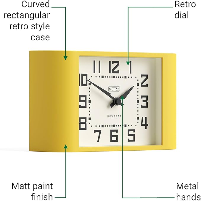 NEWGATE® Mini Metro Desk Clock | Retro Mantel Clock | Citrus Yellow | Mid Century Style for Desk, Table top, Shelf or Bedside