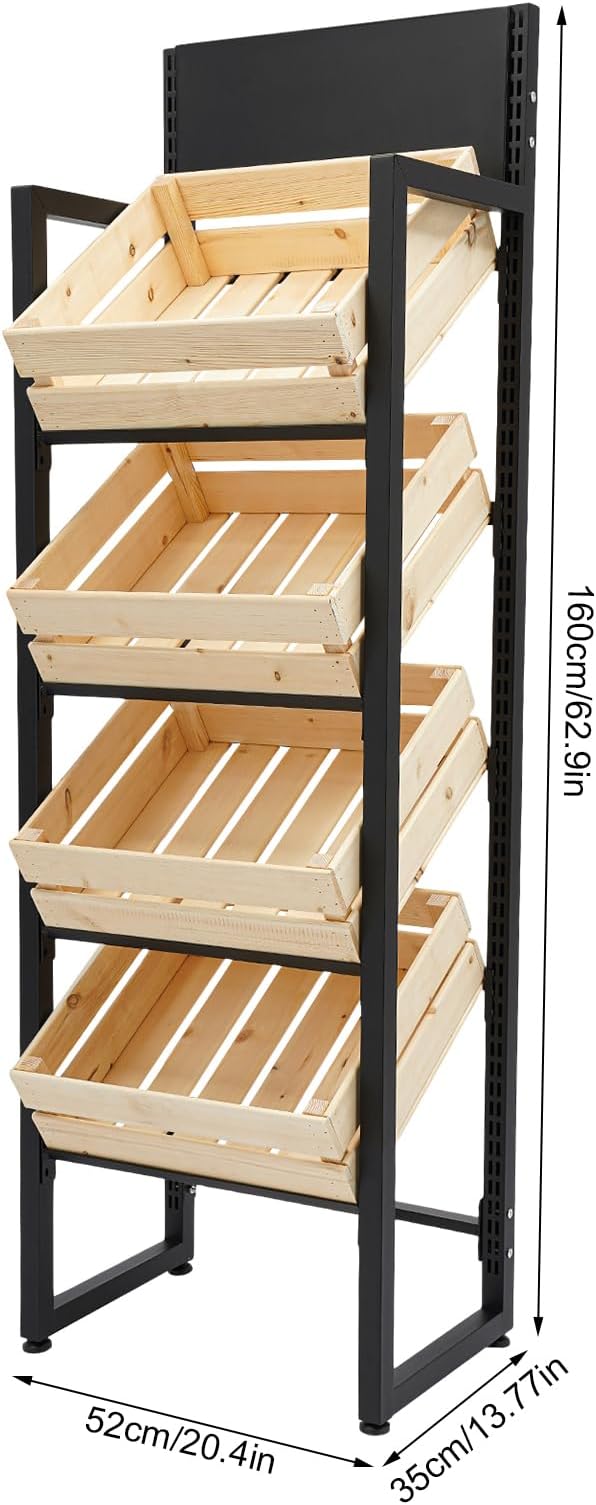 4 Tiers Retail Display Rack, Single Row Wood Market Shelf Commercial Fruit and Vegetable Basket Stand Rack Set Snack Pantry Shelf Unit for Kitchen, Office, Store, Supermarket