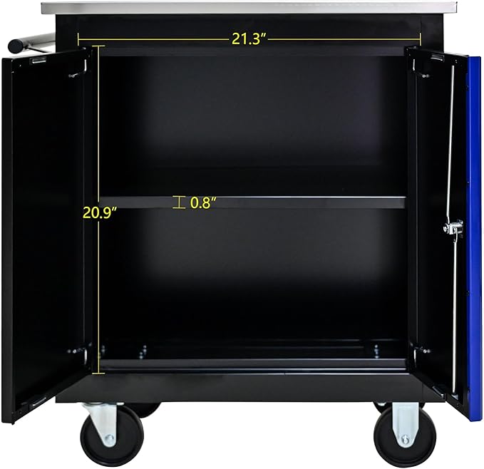 Double-Door Heavy-Duty Rolling Steel Tool Cart with Handle&Wheels, Metal Storage Organizer Cabinet, Tool Chest for Efficient Tool Storage in Garage, Warehouse, Workshop, Repair Shop, Blue