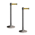 Crowd Control Warehouse CCW Set of 2 Retractable Belt Barriers Stanchion, Polished Stainless Steel Post, RBB-100 (9 Foot Belt, Yellow"Caution - Wet Floor" Black Letters Belt)