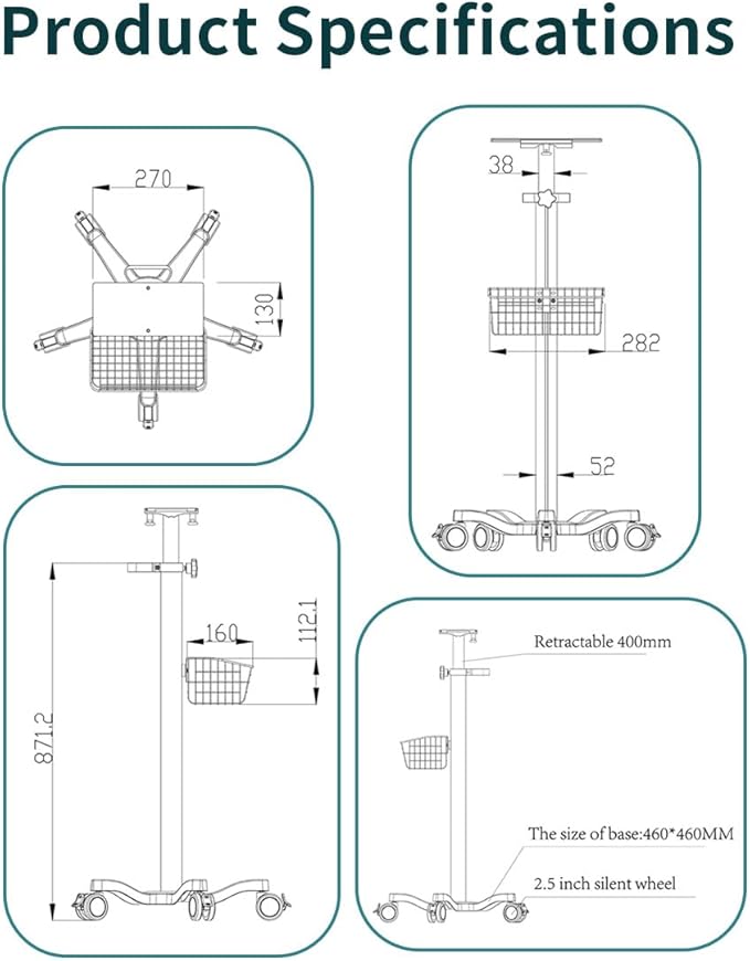 Mount Plus X3 Height Adjustable Aluminium Rolling Stand for Patient Monitor Medical Trolley Cart with Basket and and Locking Casters for Dental Office, Hospital, Clinic
