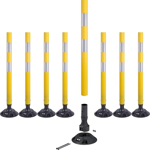 8 Pack Traffic Delineator Post Cones, High Visibility 3M Reflective Tapes, Flexible Spring Post with Detachable Base, for Highway Road Safety, Garage, Parking Lot (Yellow, 36")