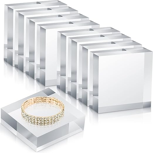 Vicenpal 8 Pcs Acrylic Square Display Block Clear Polished Cube Jewelry Stand Solid Acrylic Pedestal Stand Crystal Ring Showcase Holder Display Base for Riser(3 x 3 x 1 Inch)