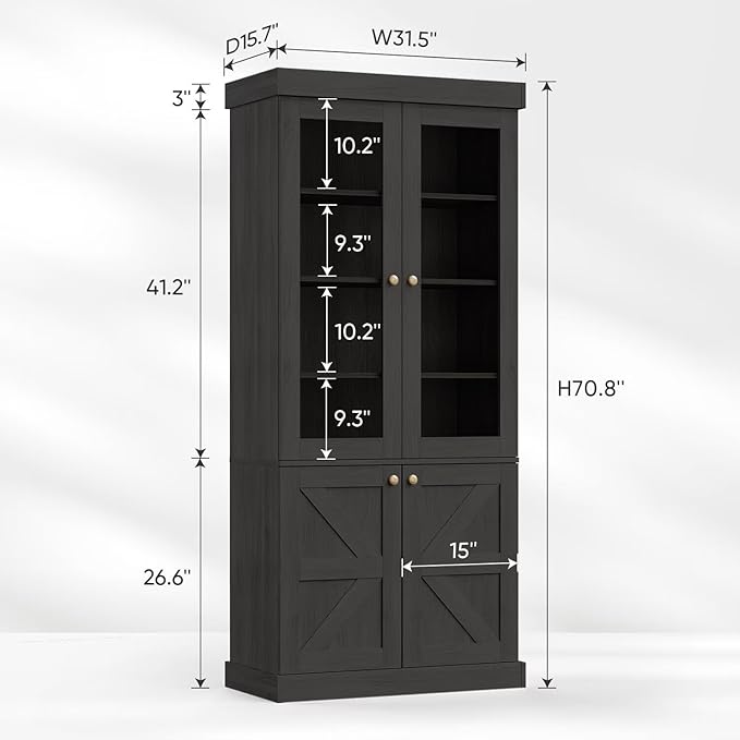 Vyre 71" Tall Farmhouse Bookshelves with Glass Doors, Set of 2 – Large Modular Bookcase with Adjustable Shelves, Storage Cabinet for Living Room, Kitchen, Home Office, Black