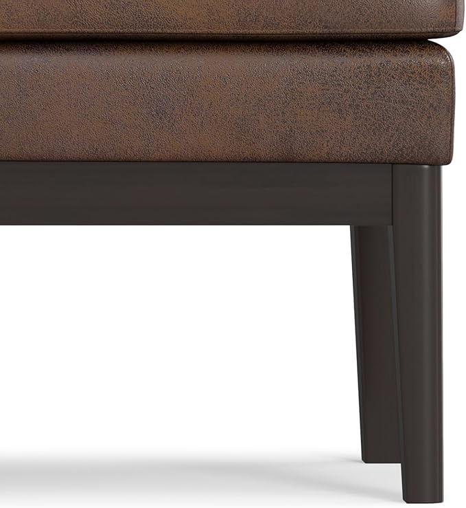 SIMPLIHOME Carlson Ottoman Bench - 45 inch Wide Upholstered Vegan Leather Rectangle Ottoman in Distressed Chestnut Brown, Mid Century Modern Bench for Bedroom or Living Room with Padded Seat
