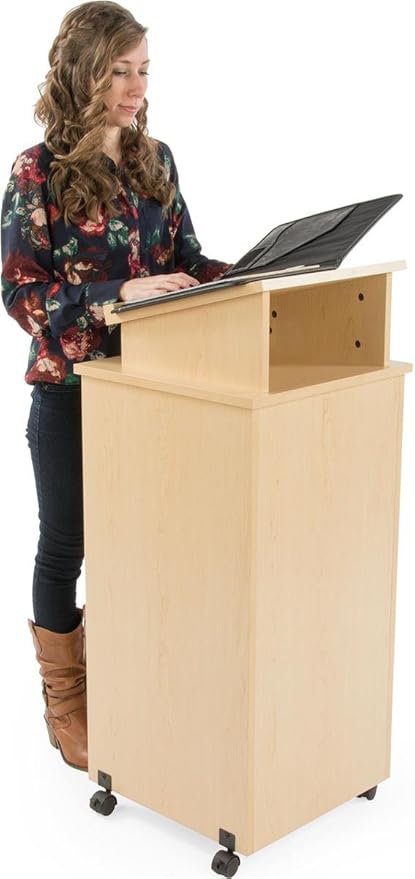 Rolling Wood Podium, 44"H, Locking Wheels, 2 Shelf Open Cabinet, Top Surface with Lip (Maple)