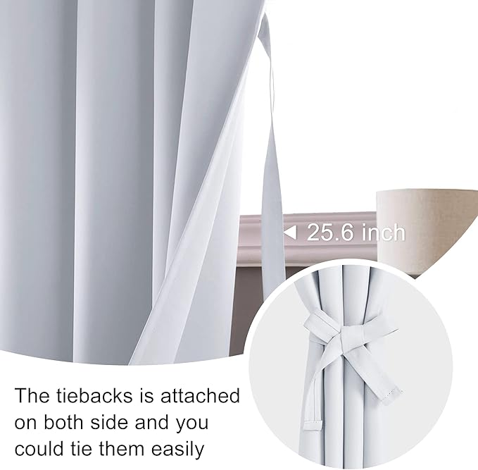 JIUZHEN Curtains for Bedroom - Thermal Insulated Window Treatment Drapes, Room Darkening Rod Pocket Curtains for Living Room, Set of 2 Panels with Tiebacks, 52 x 72 Inch Length, Greyish White