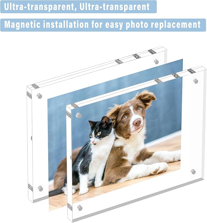 HELPLEX 5 Pack 8x8 Acrylic Picture Frames, 24mm Thicker Square Frameless Clear Frame Double Sided Magnetic Frame, Free Standing Desktop Display Stand Acrylic Frames