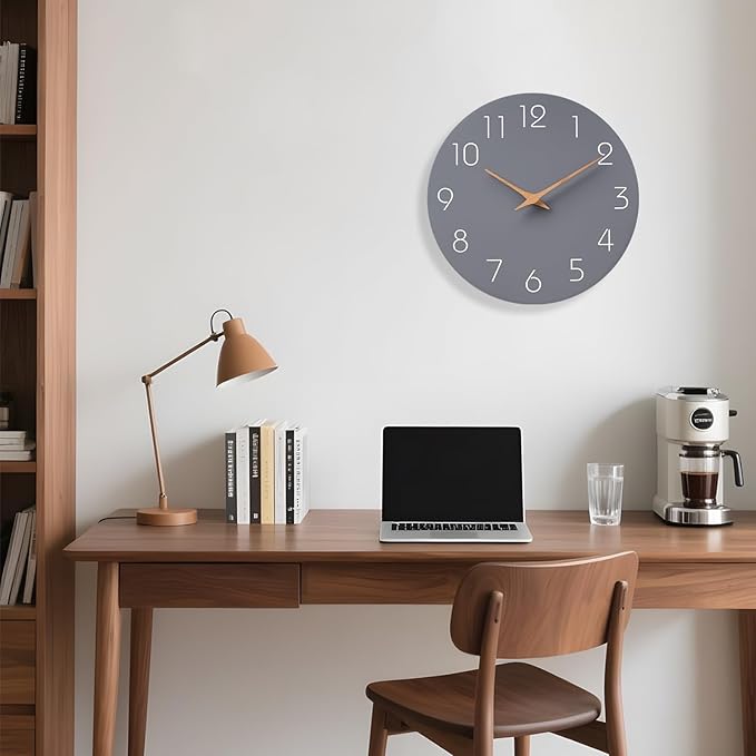 Mosewa Wall Clock 12 Inch Gray Silent Non Ticking Battery Operated Modern Simple Clock Decorative for Kitchen Home Bedroom Bathroom Office Living Room