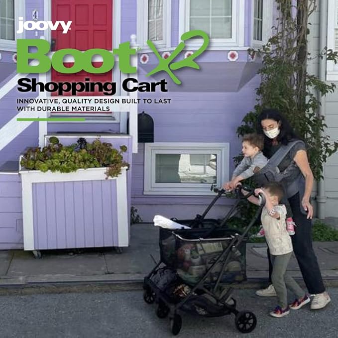 Joovy Boot X2 Shopping Cart Featuring 122 lbs Total Weight Capacity, Dual Removable Totes, Swivel Tires for Easy Steering, One-Handed Compact Fold, and One-Step Parking Brake (Black Frame)